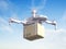 Flying delivery drone with cardboard box. Express delivery concept