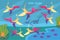 Flying dinosaurs. Fish in lake. Find pairs. Educational puzzle game for preschoolers. Vector illustration scene for