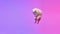 Flying doggy. Cute small white pomeranian Spitz jumping isolated over gradient pink-purple background in neon light