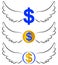 Flying dollar symbols in wings