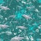Flying dolphins seamless pattern. Turquoise green water. Dolphins in the sea abstract background
