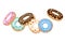 Flying donuts with icing and sprinkles. Colorful doughnut in motion. Cartoon style