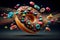 Flying donuts. Mix of multicolored doughnuts.generative ai