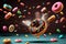Flying donuts. Mix of multicolored doughnuts.generative ai