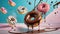 Flying doughnuts on blue and pink background