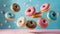 Flying doughnuts on blue and pink background