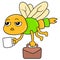 Flying dragonfly with a sleepy face going to work with a briefcase, doodle icon image kawaii