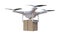 Flying drone is delivering a package. Isolated on white background. 3D rendered illustration