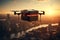 A flying drone delivers a package over a big city. generative AI