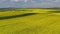 Flying drone over canola fields in a rural landscape