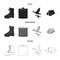 Flying ducks, flask, boots, tent..Hunting set collection icons in black,monochrome,outline style vector symbol stock