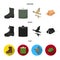 Flying ducks, flask, boots, tent..Hunting set collection icons in cartoon,black,flat style vector symbol stock