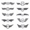 Flying eagle wings vector logos set. Vintage winged emblems and labels