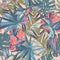Flying exotic birds, palm, monstera leaves seamless pattern