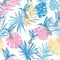 Flying exotic birds, palm, monstera leaves seamless pattern