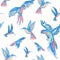 Flying exotic birds seamless pattern. Colorful parrots, humming bird background