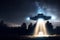 Flying extraterrestrial saucer UFO in the night sky. Alien abduction scene with lights. Generative Ai Illustration