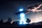 Flying extraterrestrial saucer UFO in the night sky. Alien abduction scene with lights. Generative Ai Illustration