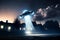 Flying extraterrestrial saucer UFO in the night sky. Alien abduction scene with lights. Generative Ai Illustration