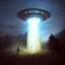 Flying extraterrestrial saucer UFO in the night sky. Alien abduction scene with lights. Generative Ai Illustration