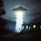 Flying extraterrestrial saucer UFO in the night sky. Alien abduction scene with lights. Generative Ai Illustration