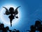 Flying fairy silhouette with flowers in night sky