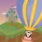 Flying female sloth bear hot air balloon castle fantasy fairy tale