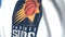 Flying flag with Phoenix Suns team logo, close-up. Editorial loopable 3D animation