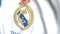 Flying flag with Real Madrid football team logo, close-up. Editorial loopable 3D animation