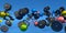 Flying and folling sport equipment like kettlebell barbell and dumbbell on blue