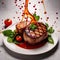 Flying food photography with pork chops