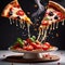 Flying food photography with slice of pizza, melting cheese dripping