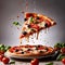 Flying food photography with slice of pizza, melting cheese dripping