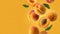 Flying fresh apricots on yellow background with copy space