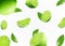 Flying fresh limes and lime slices with leaves. with blur effect. Vector 3d realistic illustration isolated on white background