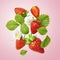 Flying Fresh tasty ripe strawberry with green leaves isolated