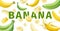 Flying fruit background. Realistic yellow and green bananas in motion, 3d natural food ingredients and text, sweet