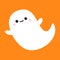 Flying ghost spirit. Boo. Happy Halloween. Scary white ghosts. Cute cartoon spooky character. Smiling face, hands. Orange backgrou