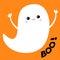 Flying ghost spirit . Boo text. Happy Halloween. Scary white ghosts. Cute cartoon spooky character. Smiling face, frightening scar