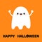 Flying ghost spirit Hands up. Boo. Happy Halloween. Cute cartoon kawaii spooky baby character. Scary white ghosts. Smiling face,
