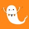 Flying ghost spirit holding bunting flag Boo. Happy Halloween. Cute cartoon kawaii spooky baby character. Scary white ghosts.