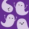 Flying ghost spirit set. Happy Halloween. Four scary white ghosts. Cute cartoon spooky character. Smiling Sad face, frightening sc
