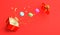 Flying gift box, moon cake, confetti on red background.