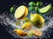 Flying ginger and lemon and lime slices with splash of water on dark background. Generative AI