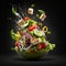 Flying greek salad in dark black studio background. AI generated illustration.