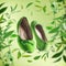 Flying green ballerina flats shoes at light background with bamboo leaves. Levitation fashion concept with fancy modern feminine