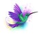 Flying green hummingbird on watercolor splash background