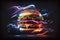Flying hamburger with neon lights, concept of fast food
