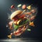 flying hamburger pieces splashing sauces fries veggies , cheddar , ketchup and mayo illustration