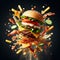 flying hamburger pieces splashing sauces fries veggies , cheddar , ketchup and mayo illustration